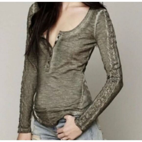 Free People Shell sleeve lace trim Henley turquoise small - Picture 3 of 11